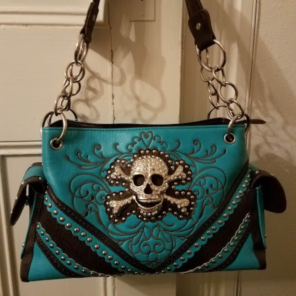 Skull & Crossbones Turquoise Leather Purse 13"x 9"